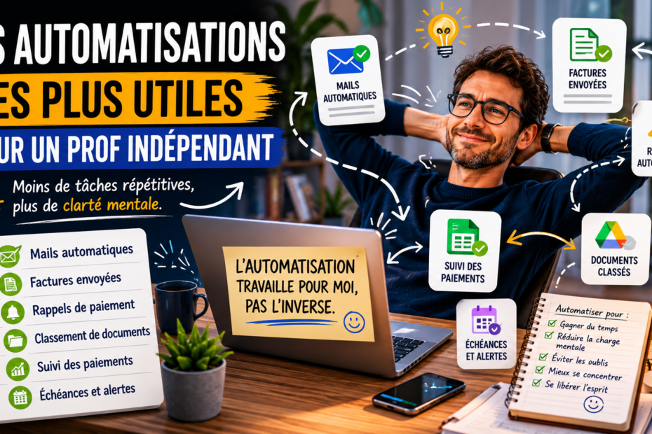 Prof indépendant utilisant des automatisations pour gérer factures, rappels et organisation administrative tout en réduisant sa charge mentale