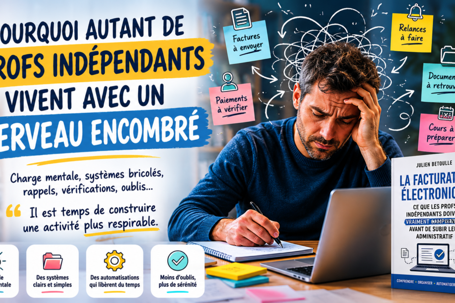 Prof indépendant submergé par la charge mentale administrative avec factures, rappels et organisation complexe