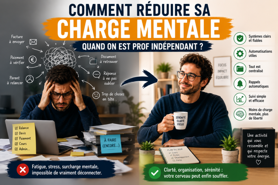 Prof indépendant réduisant sa charge mentale grâce à une organisation claire, des automatisations simples et une activité mieux structurée