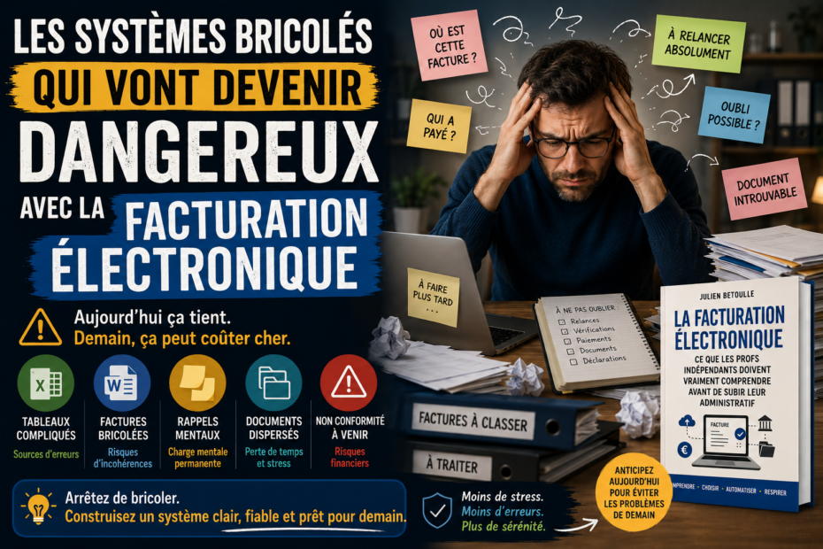 Prof indépendant dépassé par une organisation administrative bricolée avec factures, rappels et documents dispersés avant la facturation électronique